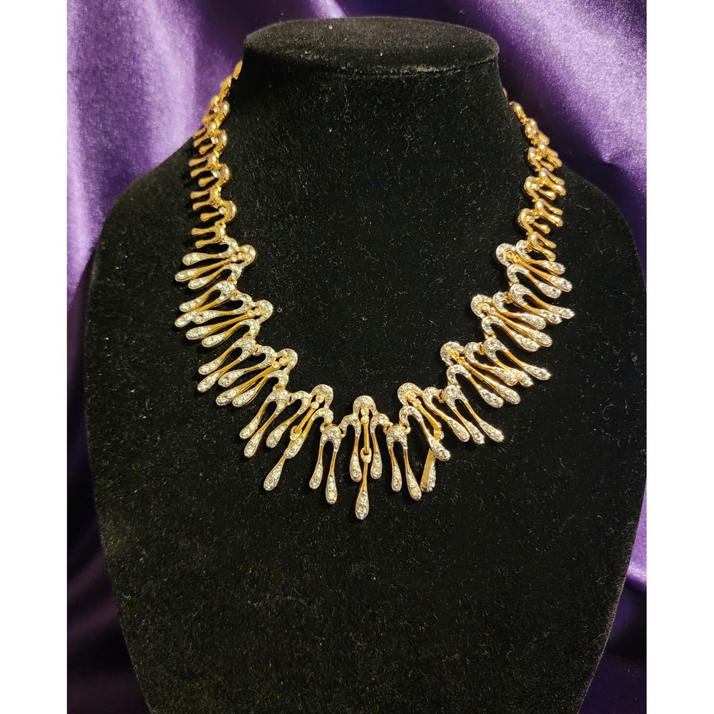 VTG Gold Tone Melted Drip Statement Heavy Necklace and Earrings Rhinestone Set - Picture 2 of 12